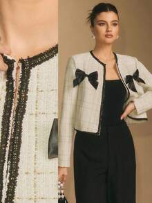 Poéselle Áo khoác nữ mùa thu tay dài dáng suông, chất liệu tweed ánh kim với nơ tương phản, áo blazer nữ, áo khoác tweed nữ, trang phục nơ Giáng sinh, áo khoác mặc cùng váy. - Đen và trắng - Xem 1