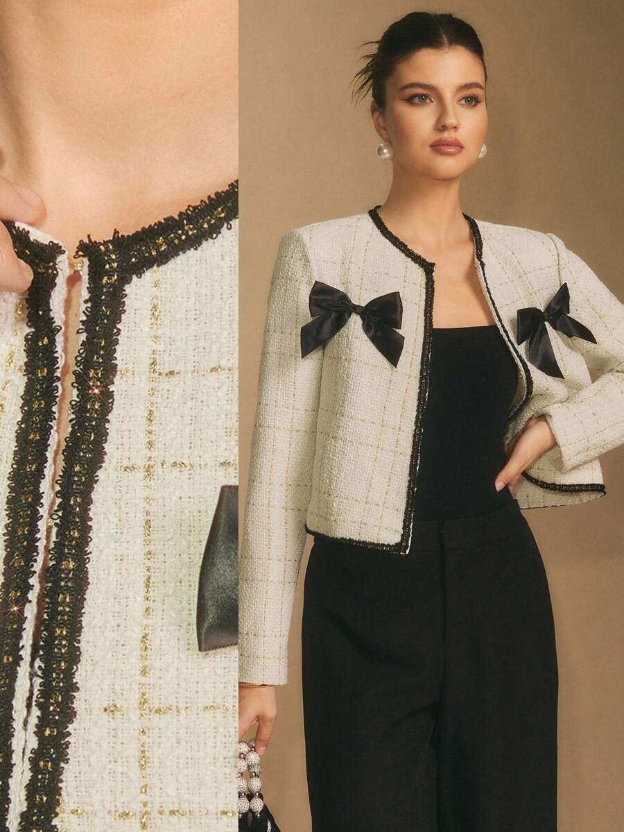 Poéselle Áo khoác nữ mùa thu tay dài dáng suông, chất liệu tweed ánh kim với nơ tương phản, áo blazer nữ, áo khoác tweed nữ, trang phục nơ Giáng sinh, áo khoác mặc cùng váy. - Đen và trắng - Xem 1