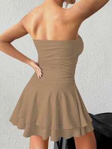 SHEIN PETITE Váy ngắn hở vai gợi cảm họa tiết da báo kèm chân váy xếp ly nhiều lớp - Màu nâu  Mocha - Xem 2