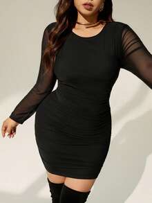 Auralis Black Fitted Round Neck Long Sleeve Mesh Sheer Mini Plus Size Women's Bodycon Dress, Suitable For Autumn/Winter, Elegant For Bar, Party, Banquet Cinched Waist Ruched Short, Sexy Y2K Style Dress Ruched Bodycon Dress Plus Size Bodycon Dress Curvy Black Dress Long Sleeve Dresses Curvy/Concert/Performance Costumes/Date/High-End Banquet/Ball/Wedding Season/Valentine's Day/Party/Sexy/Commuting/Elegant Romance/Office Enchantress/Siren Style/Birthday Party Dresses - Black - View 6