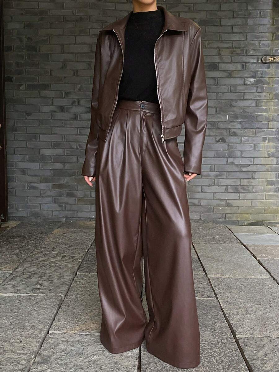 DAZY Women's Autumn/Winter Lapel Cardigan With Elastic Waist PU Leather Jacket And Straight-Leg Leather Pants, Elegant Urban Casual 2 Pieces Set - Brown - View 1