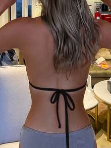 SHEIN Swim Summer Beach Halter Triangle Bikini Top - Black - View 2