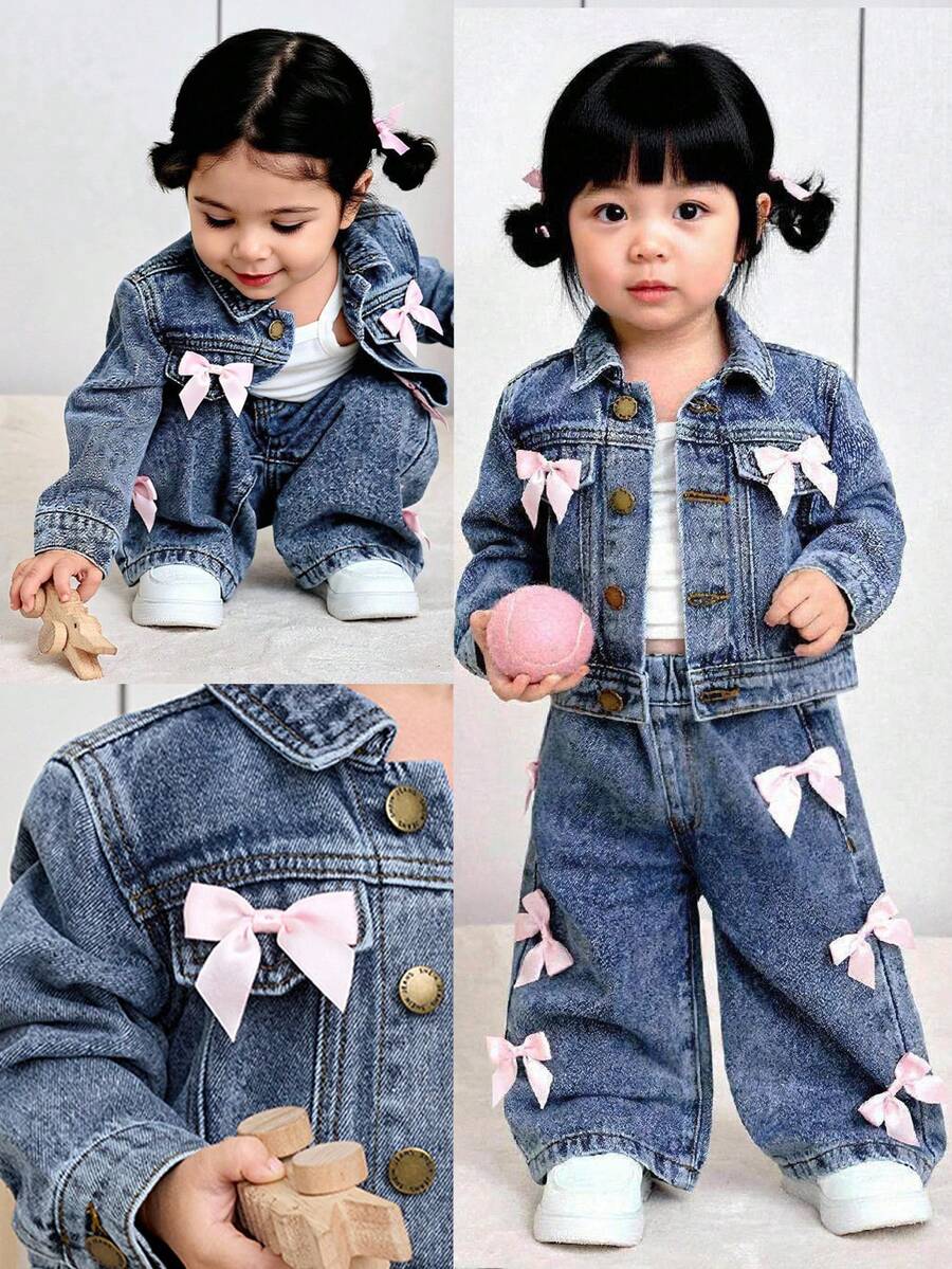 SHEIN 2件套女婴粉色蝴蝶结牛仔翻领长袖短外套和阔腿裤套装 - 淺色水洗藍 - 查看 1