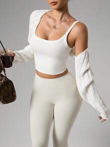 SHEIN Sovereign Charm Áo khoác cardigan dáng ôm tay dài màu trơn cho nữ - trắng - Xem 1