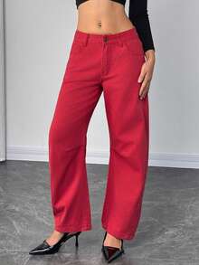 Elenzga 女式纯色休闲牛仔裤 - 酒紅色 - 查看 5