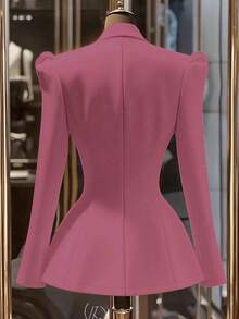 Franclia Áo khoác blazer nữ cổ bẻ tay bồng màu trơn cài hai hàng khuy thanh lịch - Hồng - Xem 2