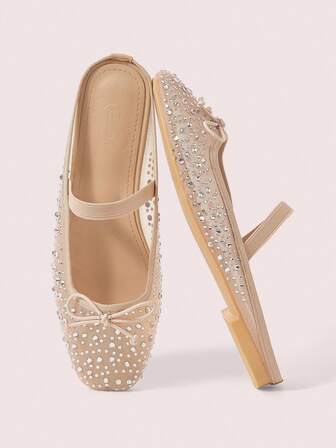 CUCCOO DOLLMOD Zapatos planos tipo mula de mujer con lazo, con diamantes y malla, elegantes, cómodos y dulcemente lindos