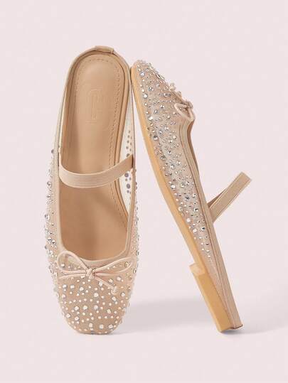 CUCCOO DOLLMOD Zapatos planos tipo mula de mujer con lazo, con diamantes y malla, elegantes, cómodos y dulcemente lindos