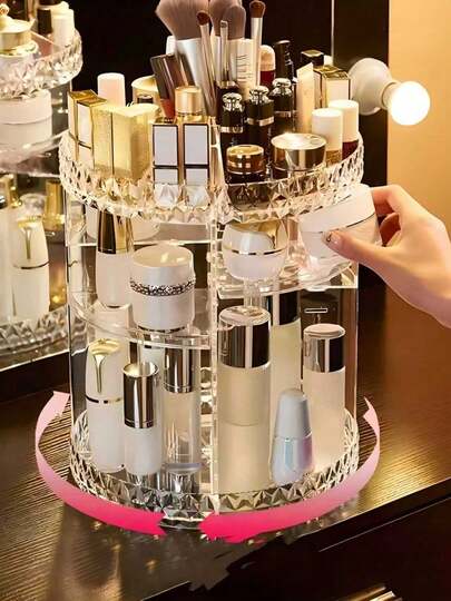 1个360°旋转化妆品收纳架，适用于梳妆台，大容量护肤品化妆品收纳架，香水收纳架，化妆品梳妆台收纳架，可放置香水、口红、乳液、化妆刷包，房间装饰，收纳包