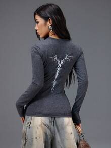 Bloopia 女士针织长袖V领雪花印花后背新款百搭上衣 - 灰色 - 查看 1