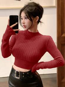DAZY 女士高领短款修身休闲套头毛衣 Y2k - 玫瑰紅 - 查看 3