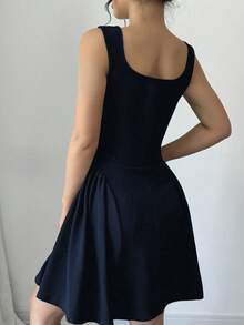 Elenzga Váy nữ mới, cổ vuông không tay dáng chữ A, viền nhún, vải co giãn cao, màu trơn, kiểu dáng trẻ trung, thời trang, mặc đi làm & thường ngày, ôm eo đa năng, phù hợp mặc vào mùa xuân, hè, thu, đông, váy kiểu Ý thanh lịch và tinh tế - Xanh đậm - Xem 2