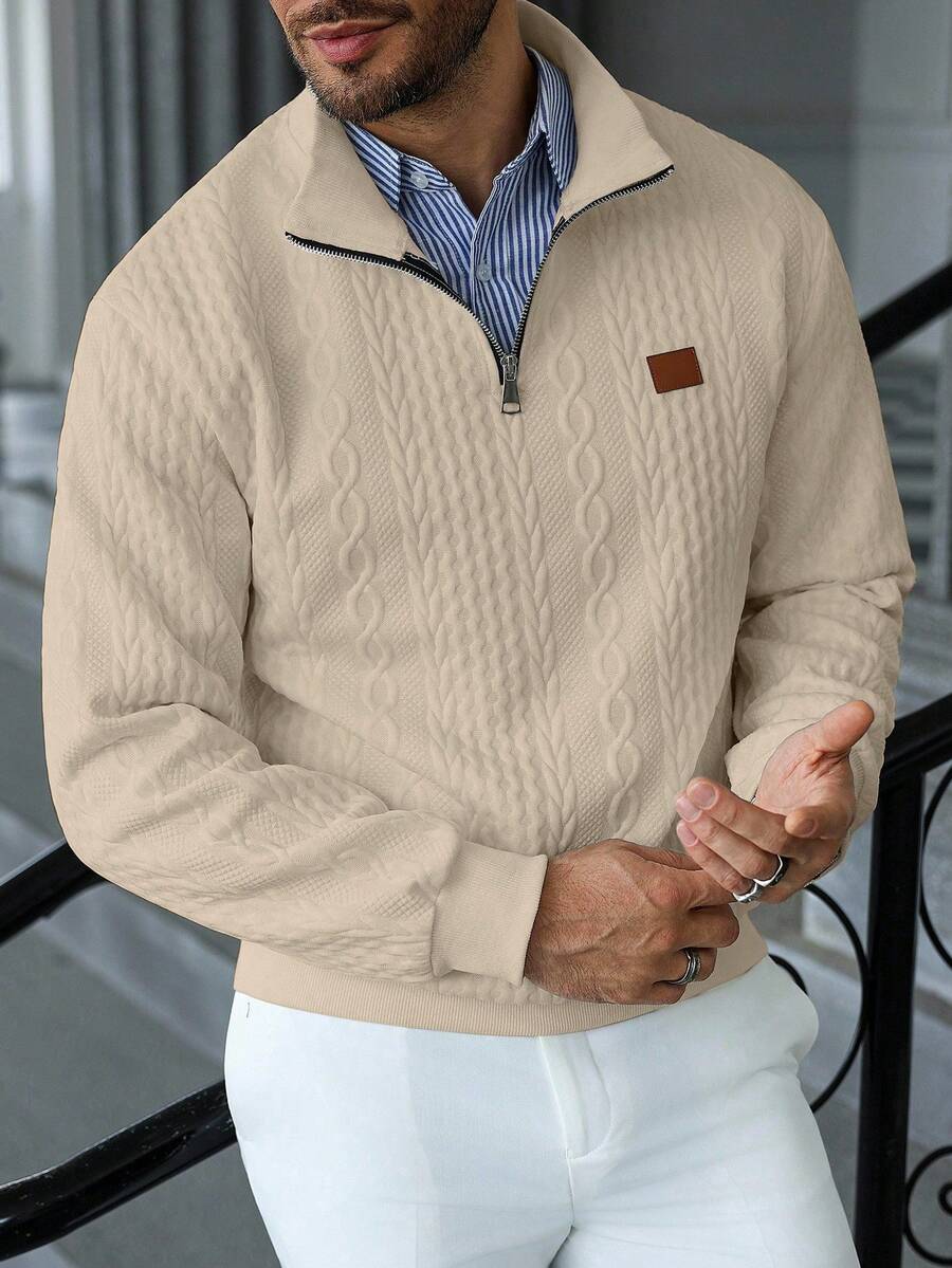Manfinity CasualCool Men's Casual Solid Color Textured Half Zipper Quarter Zip Sweatshirt, Men's Autumn New Solid White Minimalist Casual Quarter Zip Sweatshirt For Men,Versatile Items For Daily Commuting, Travel, Cream Beige Cable Knit Quarter Zip Sweatshirt, Long Sleeve Top