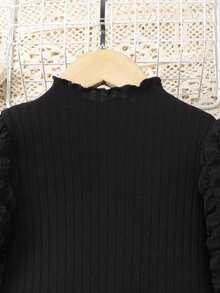 Elladie kids 两件套女童休闲套装：黑色泡泡袖长袖上衣 + 卡其色灯芯绒蝴蝶结半裙，可爱复古风，舒适贴身，适合日常、旅行、上学、聚会等场合。 - 彩色 - 查看 4