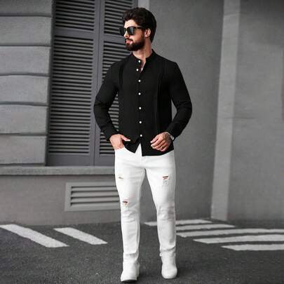 Camicia casual a maniche lunghe monopetto con pieghe, colore unito, per uomo, nera, camicia di lusso da uomo, camicia elegante da uomo nera, camicia a