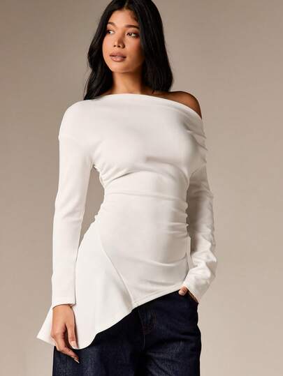 AiiRZ Blusa ajustado con volantes asimétricos, manga larga y hombros descubiertos, moda de otoño e invierno