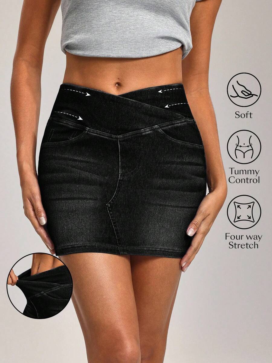 Flexra 女士不对称腰线休闲牛仔铅笔裙 - 黑色 - 查看 1