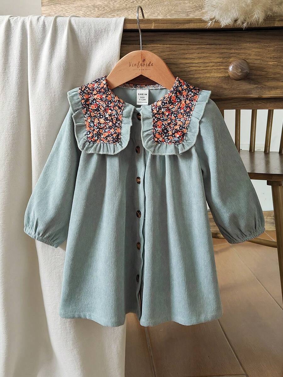 Vintaside Kids Váy hoa nhung kẻ chấm bi cho bé gái, phong cách đồng quê, thanh lịch và dễ thương, phù hợp cho mùa chuyển giao xuân, thu và đông - màu xanh lá - Xem 1