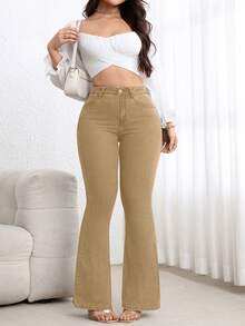 SHEIN CURVE+ Damen Große Größen Blaue Denim Elastische Sexy Anliegende Schlaghose, Cowgirl/Rodeo - Khaki - Übersicht 5