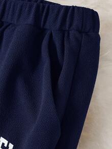 SHEIN EZwear 两件套加大码女式字母印花圆领长袖卫衣和裤子套装 - 藏蓝色 - 查看 5
