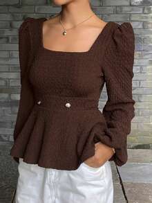 DAZY Top babydoll décontracté à manches longues pour femmes, col carré, taille cintrée, en tissu texturé - Marron - Voir 1