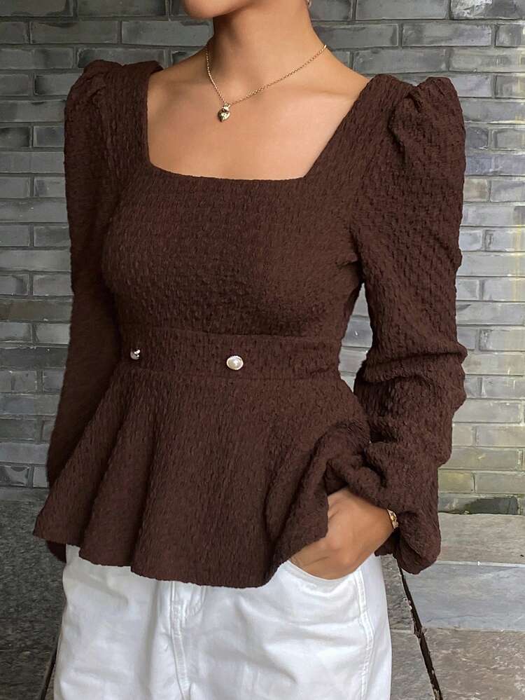 Women's Square Neck Cinched Waist Textured Fabric Pullover Casual Long Sleeve Shirt Babydoll Top