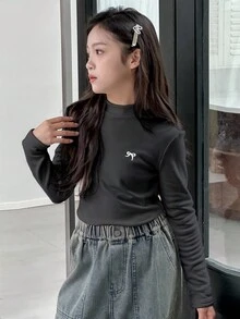DAZY 女童圓領針織保暖內裡蝴蝶印花長袖上衣，秋季上衣 - 深灰色 - 查看 2