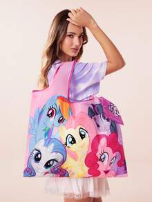My Little Pony X SHEIN 1 Túi mua sắm gấp gọn bằng polyester in hình các nhân vật hoạt hình dễ thương, túi tote có túi nhỏ đựng đồ kèm dây xích hạt để treo, hình Twilight Sparkle, Rainbow Dash, Fluttershy, Pinkie Pie, Rarity, Applejack, biểu tượng tình bạn, ý tưởng quà tặng. - Hồng - Xem 3