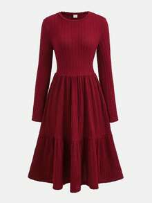 Teen Girl's Jacquard Knit Red Round Neck Long Sleeve Slim Fit Casual Dress, Christmas Dress, Red Christmas, Red Party Outfit, Elegant Red Dress - Burgundy - View 2