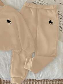 男婴针织柔软休闲经典骑士图案印花圆领套头卫衣套装，加厚设计，适合秋冬季穿着 - 卡其色 - 查看 5