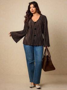 Elaquor 休闲宽松长袖加大码女式上衣 - 咖啡棕 - 查看 4