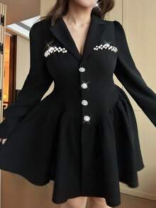 Flirla Plus Size Women's Autumn/Winter Turndown Collar Long Sleeve Ruched Faux Diamond Faux Knit Decor Elegant Vintage Casual Commuter Dress - Black - View 1