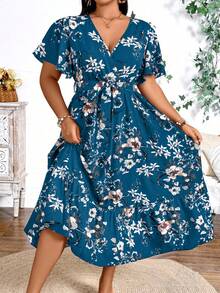 SHEIN Plus Size Holiday Floral Print Dress Maxi Women Outfit - Teal Blue - View 5