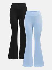 Girlism 2件套少女基础款中筒喇叭裤，黑色和蓝色腰带交叉设计修身休闲喇叭裤套装 - 藍色 - 查看 11