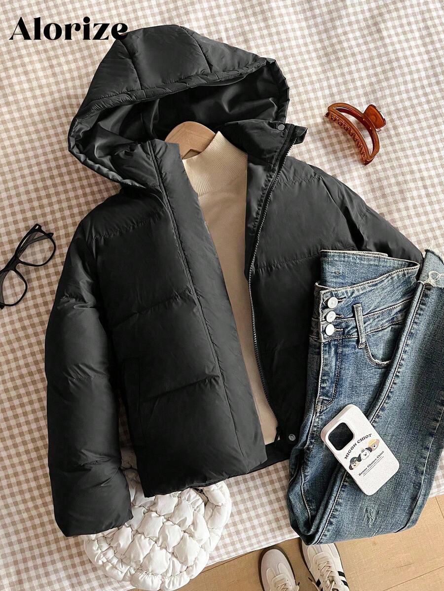 Tween Girls' Casual All-Match Versatile Brown Winter Coat, Short Length High Collar Hooded - Black - View 1