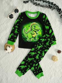 2件套男婴像素恐龙夜光印花长袖睡衣套装，修身款，冬季恐龙图案格子睡衣家居服，男婴夜光睡衣，恐龙睡衣，小男孩恐龙睡衣 - 黑色 - 查看 3