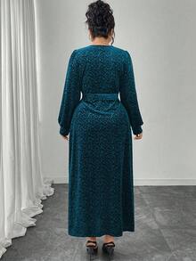 Modelyn Plus Size Women V-Neck Lantern Sleeve Velvet Embossed Elegant Party Dress - Blue - View 2