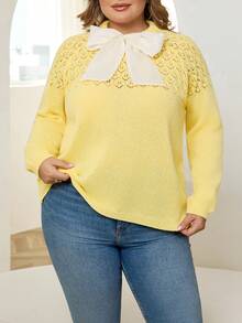 SHEIN CURVE+ Plus Size Women's Round Neck Hollow-Out Knit Top With Sheer Back Bow Decor Plus Size Pullover Sweater, Yellow/Winter - Yellow - View 3