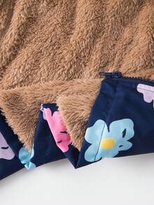 小女孩花卉印花羊毛连帽开衫，收腰休闲中长夹克，秋冬 - 彩色 - 查看 5