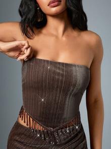 Hauture Strapless Glitter Velvet Mini Top - Brown - View 2