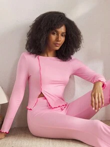 Ocili 休闲舒适罗纹前襟棉质荷叶边长袖上衣和裤子睡衣套装，女士时尚秋季舒适套装，秋冬服装 - 粉色 - 查看 8