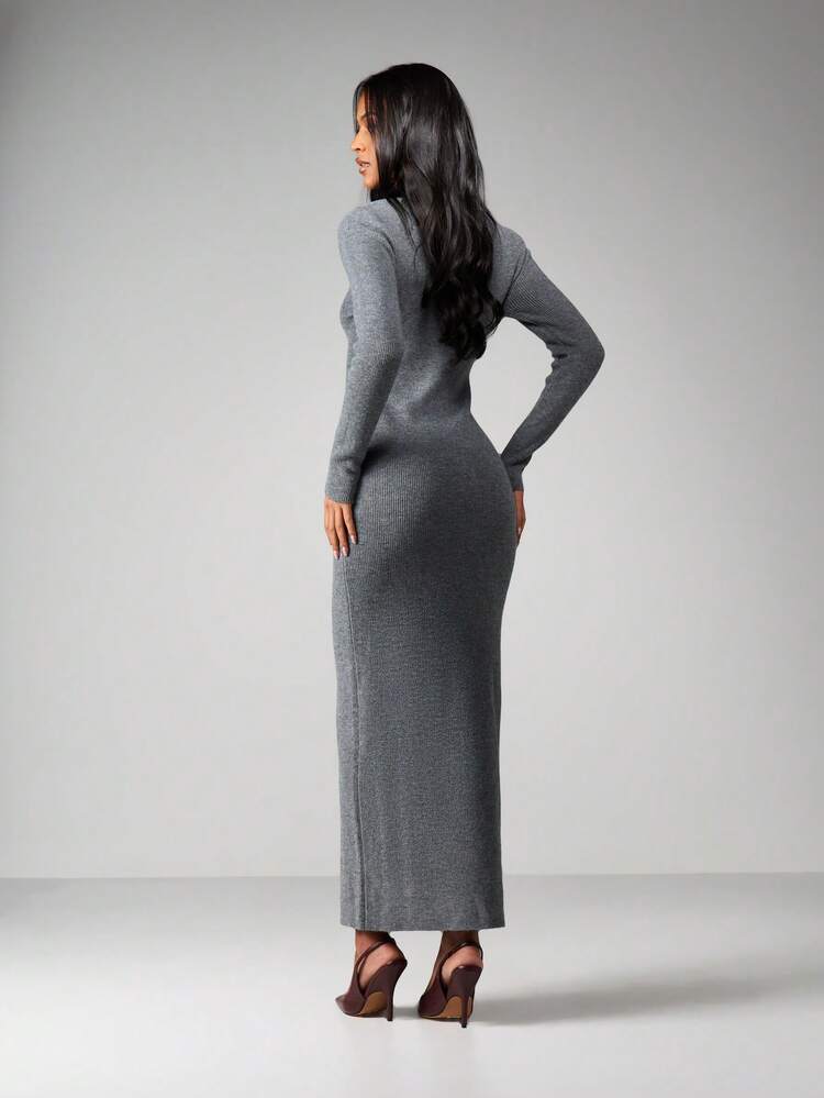 MISSGUIDED Ribbed Knit Long Sleeve Maxi Sweater Dress For Women Fall Winter Bodycon Fitted Column Dress