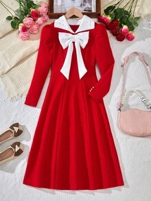 Gaun Remaja Perempuan Bergaya Retro Feminin dengan Kerah Kontras Mutiara dan Hiasan Pita, Lengan Gigot, Pinggang Diikat, dan Hem Mengembang. - Merah - View 3