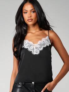 MISSGUIDED Elegant Lace Trim Satin Camisole Top For Evening Occasions And Night - Black - View 3
