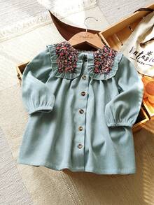 Vintaside Kids Váy hoa nhung kẻ chấm bi cho bé gái, phong cách đồng quê, thanh lịch và dễ thương, phù hợp cho mùa chuyển giao xuân, thu và đông - màu xanh lá - Xem 3