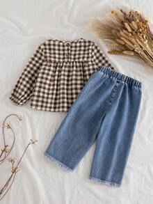 Vintaside Kids 2pcs Baby Girl Classic Plaid Blouse With Puff Lantern Sleeves And Dark Blue Wide Leg Jeans Set, Autumn/Spring - Coffee Brown - View 2