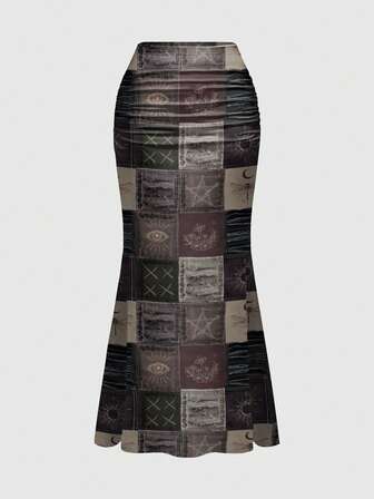 Fairycore تنورة ضيقة مرمدية مطبوعة بالقمر والنجوم والفراشات والفراشات الليلية بطراز هيبي بوهو للنساء