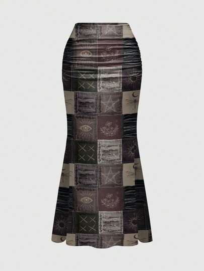 Fairycore Women's Hippie Boho Mysterious Moon & Star, Butterfly & Moth Print Ruched Bodycon Mermaid Skirt