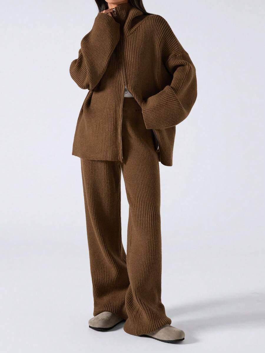 LYSMO 2025 New Arrive Minimalism Winter Women's Brown Solid Color Minimalist Long Sleeve Sweater And Pants 2-Piece Set, Casual Everyday Wear Winter Clothes For Women New Year Look And Christmas Outfit For Women Brown Sweater Stylish Clothing Collection  Thanksgiving Outfit For Women - Coffee Brown - View 1