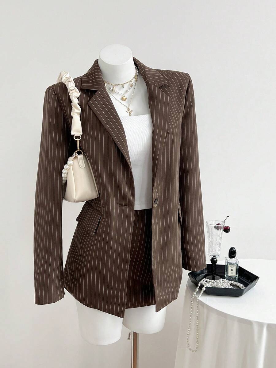Elamini 女士优雅套装，休闲棕色条纹西装外套搭配同色系棕色条纹迷你裙两件套，适合秋冬季日常穿着。 - 彩色 - 查看 1